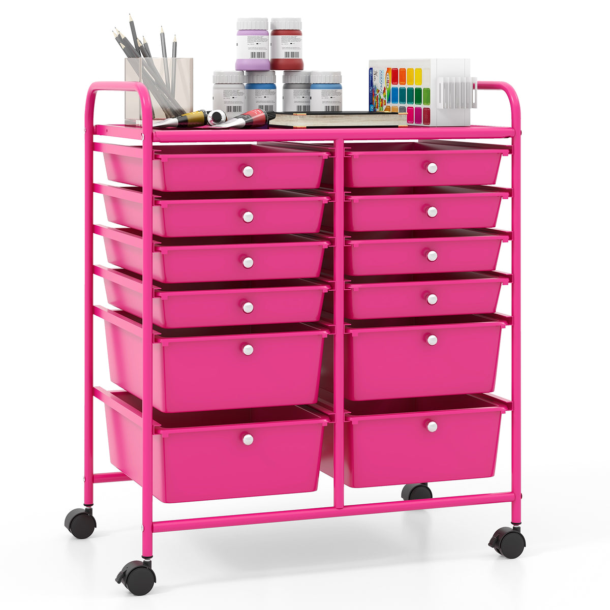 12-Drawer Rolling Storage Cart with Lockable Wheels – Rose Red