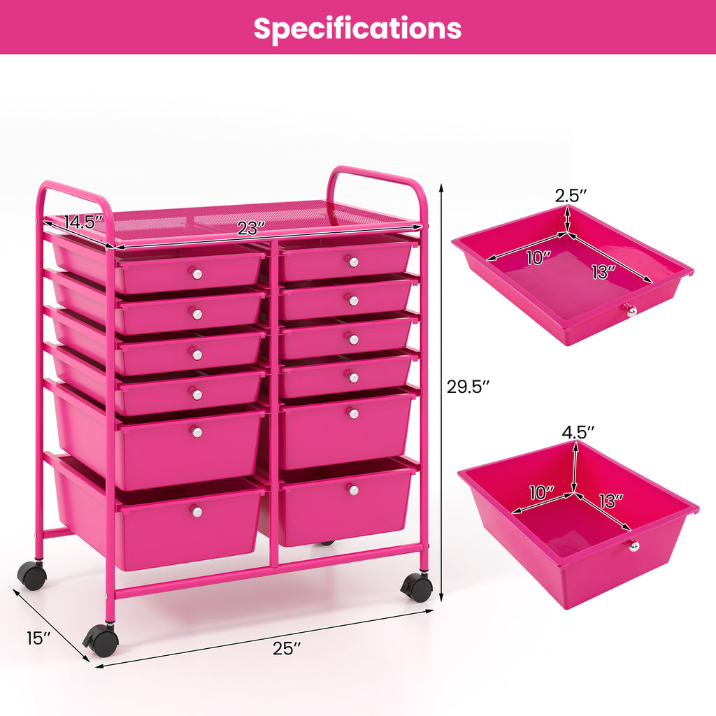12-Drawer Rolling Storage Cart with Lockable Wheels – Rose Red