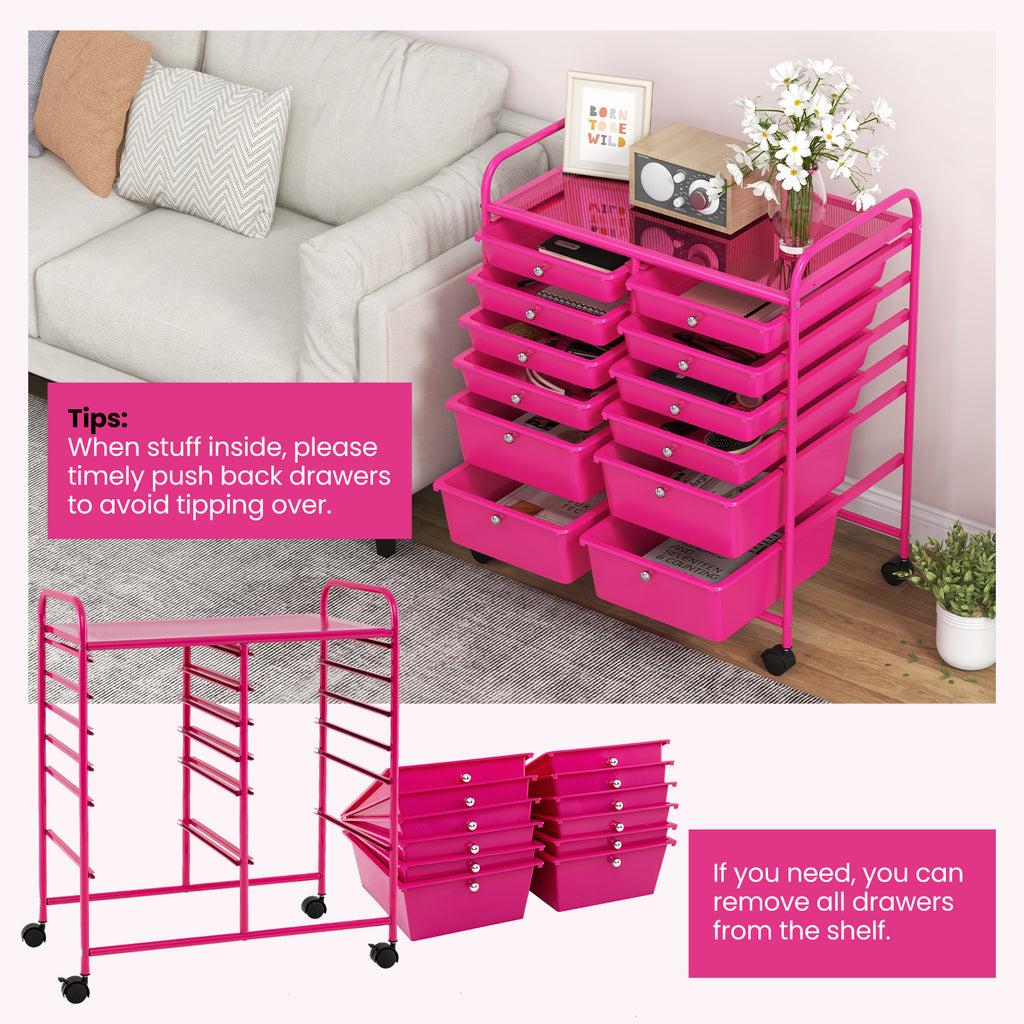 12-Drawer Rolling Storage Cart with Lockable Wheels – Rose Red