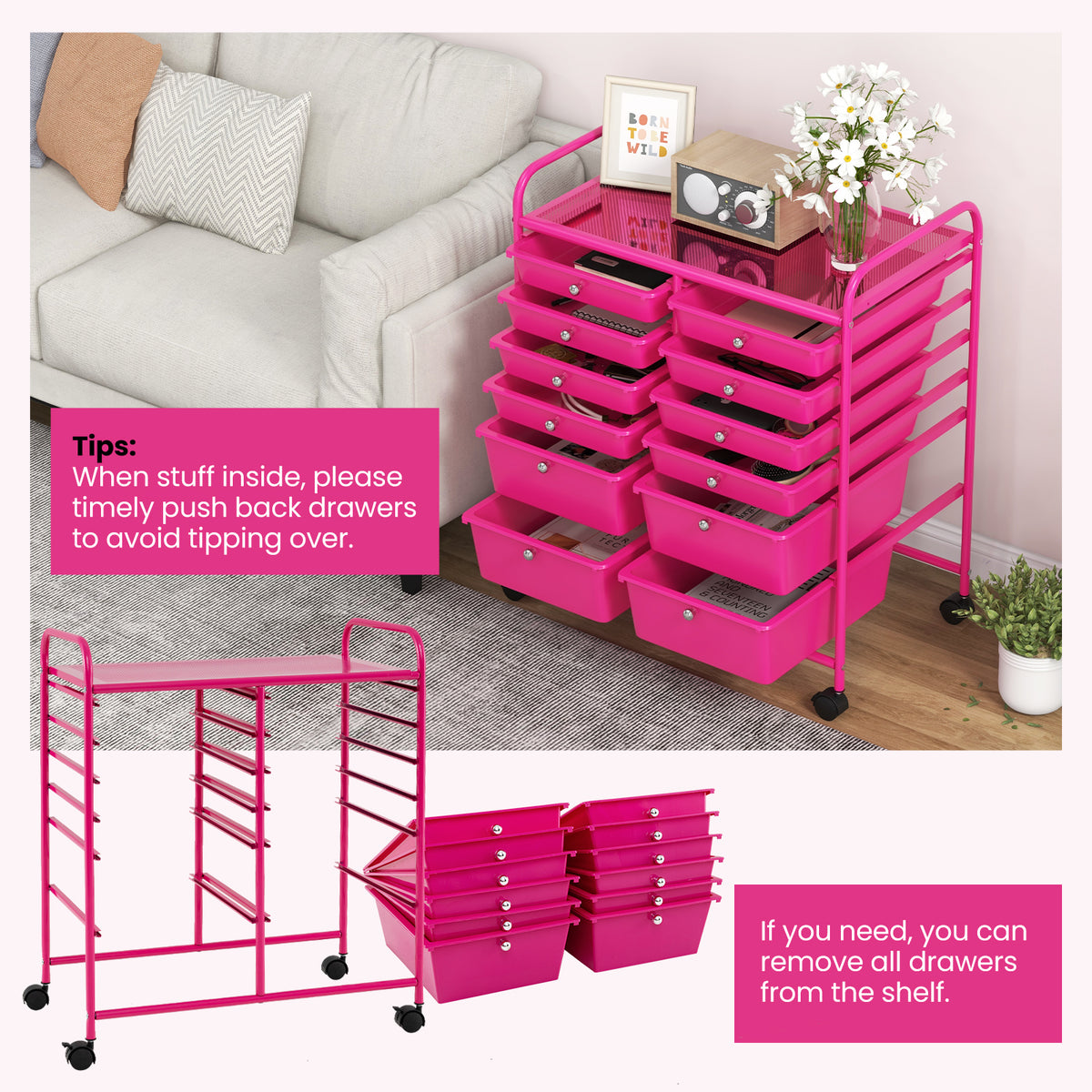 12-Drawer Rolling Storage Cart with Lockable Wheels – Rose Red