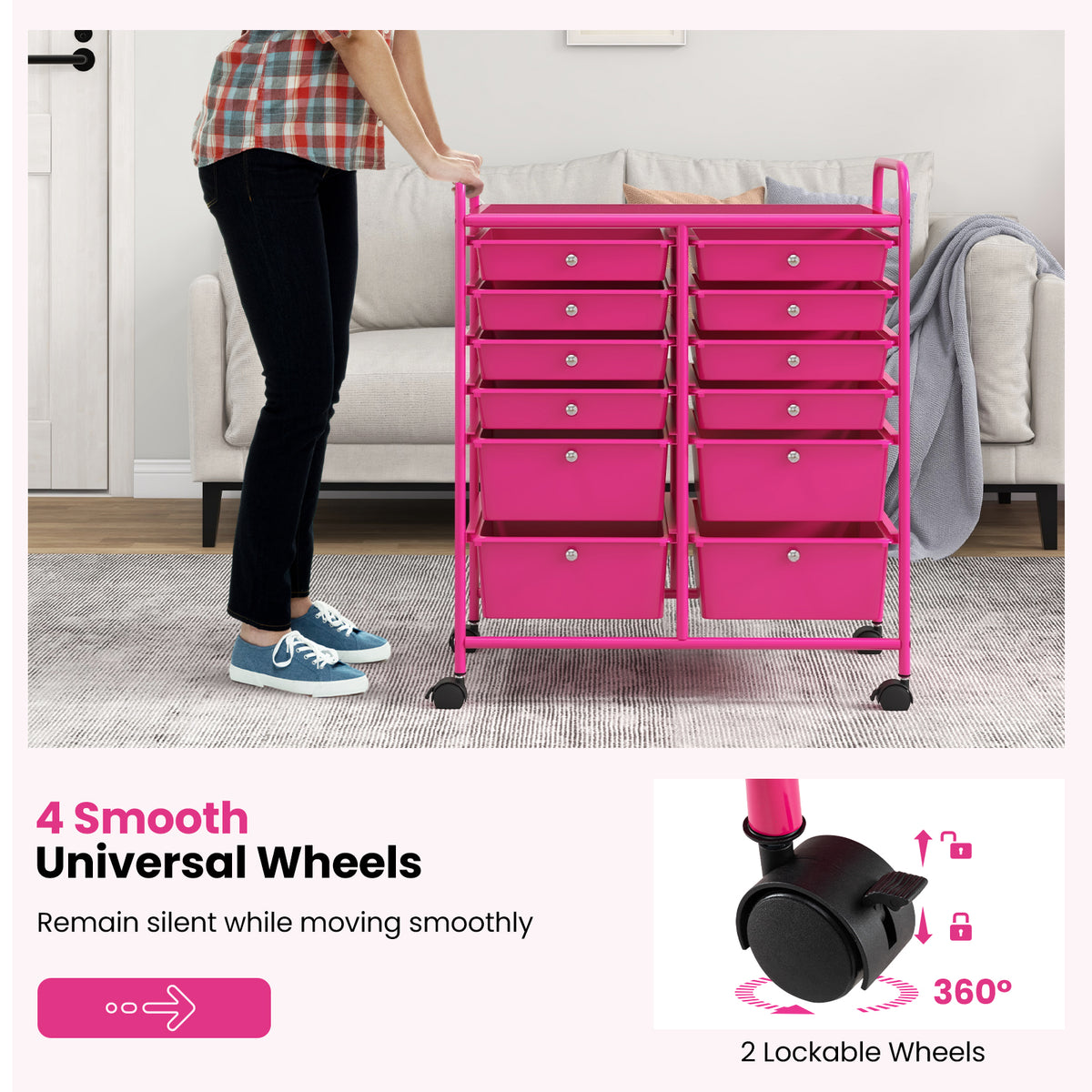 12-Drawer Rolling Storage Cart with Lockable Wheels – Rose Red