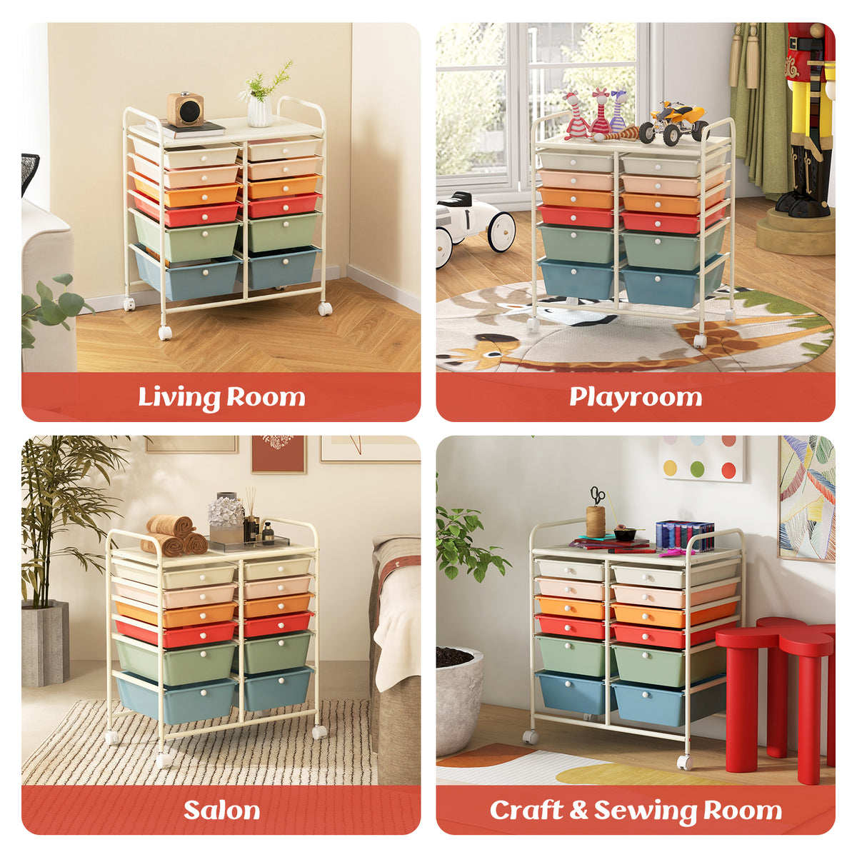 12-Drawer Rolling Storage Cart with Lockable Wheels - Deep Multicolor