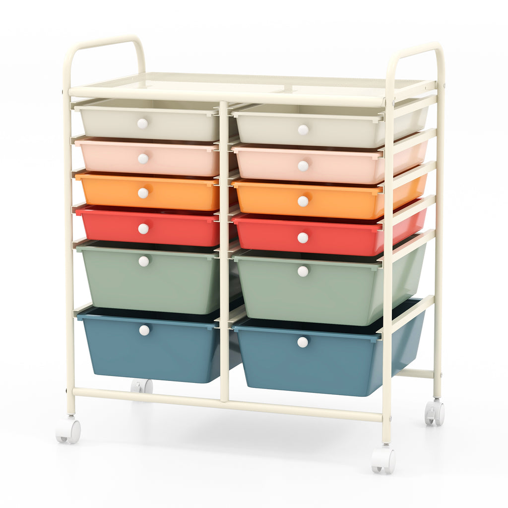 12-Drawer Rolling Storage Cart with Lockable Wheels - Deep Multicolor