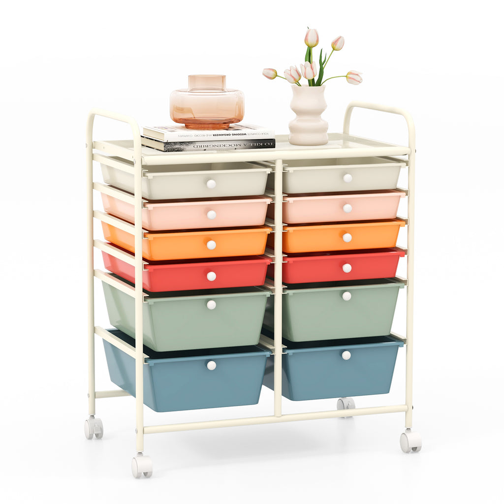 12-Drawer Rolling Storage Cart with Lockable Wheels - Deep Multicolor