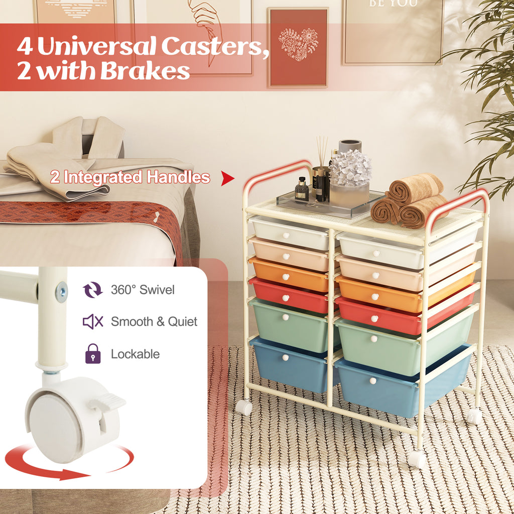 12-Drawer Rolling Storage Cart with Lockable Wheels - Deep Multicolor