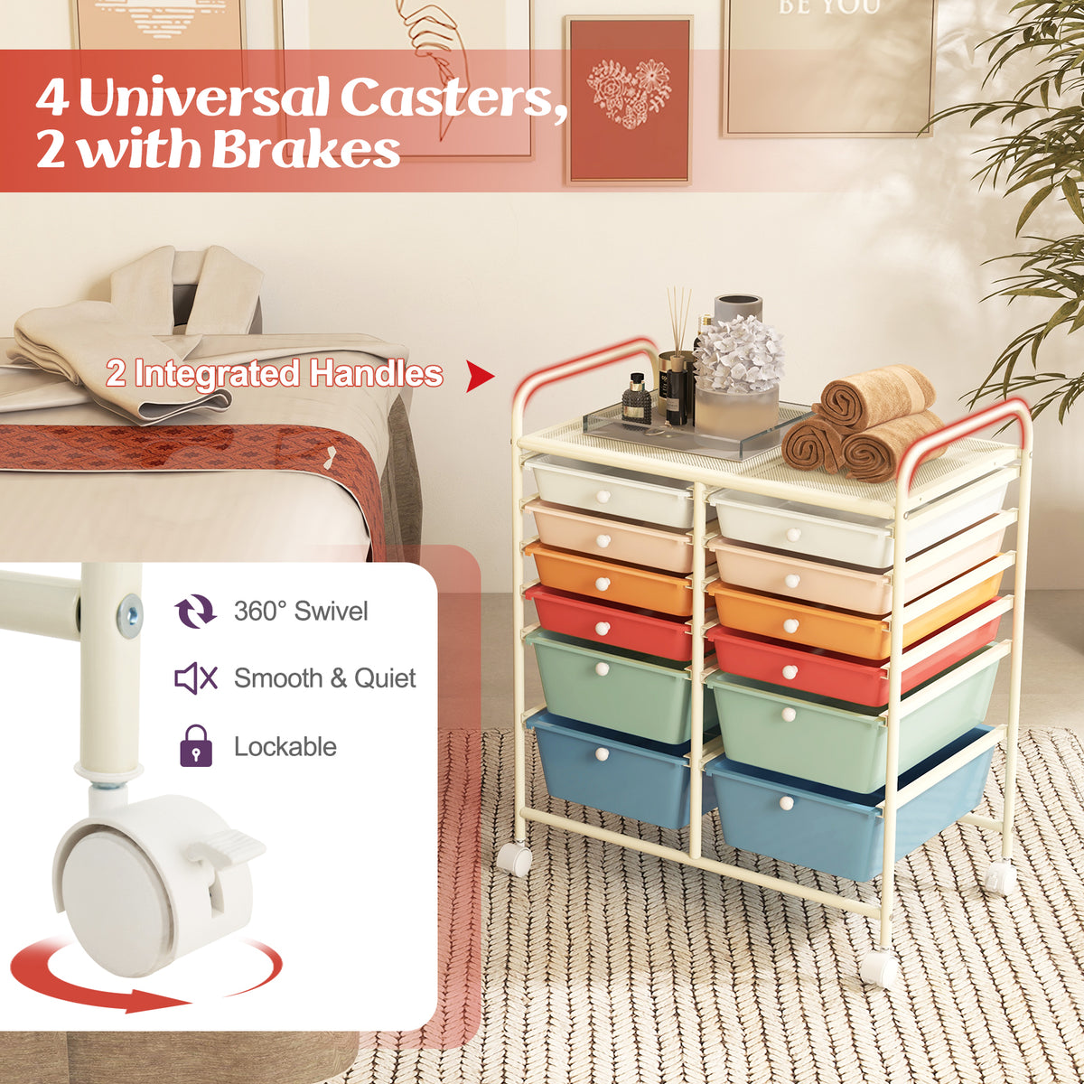 12-Drawer Rolling Storage Cart with Lockable Wheels - Deep Multicolor