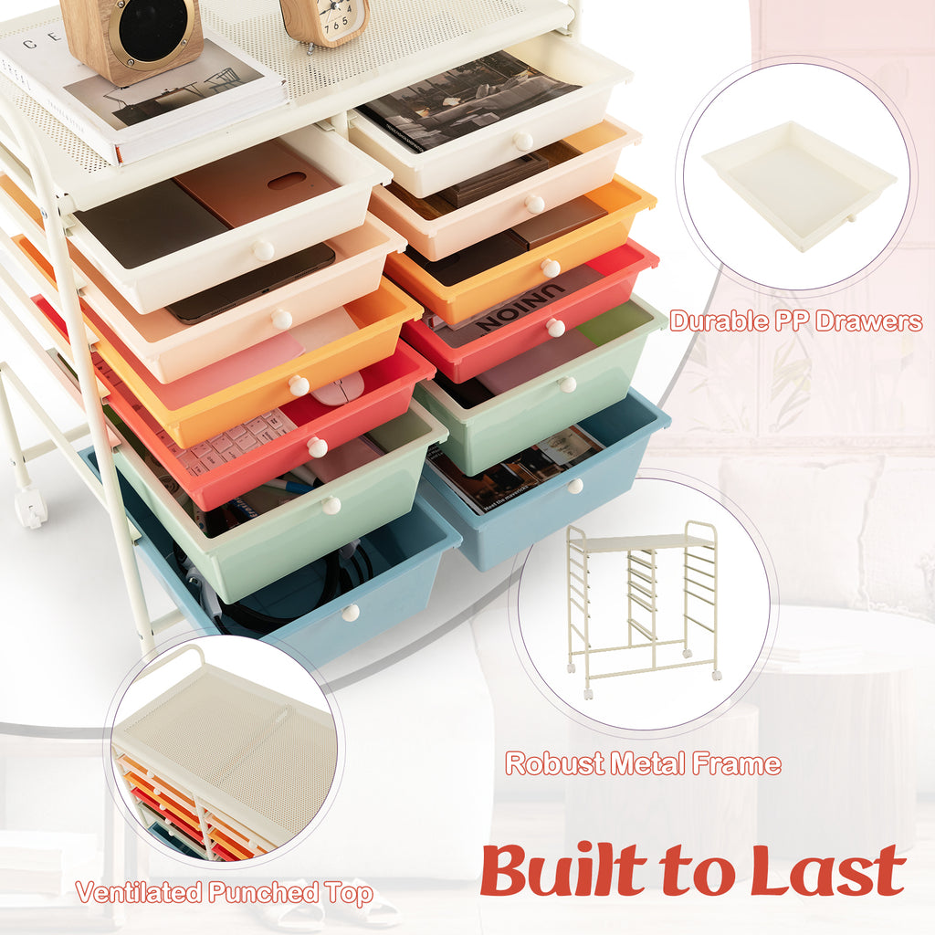 12-Drawer Rolling Storage Cart with Lockable Wheels - Deep Multicolor