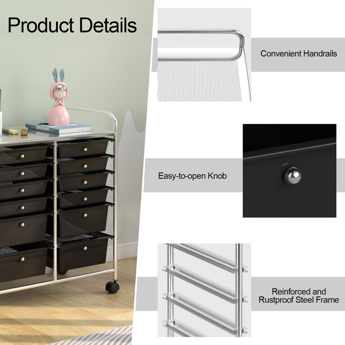 12-Drawer Rolling Storage Cart - Black