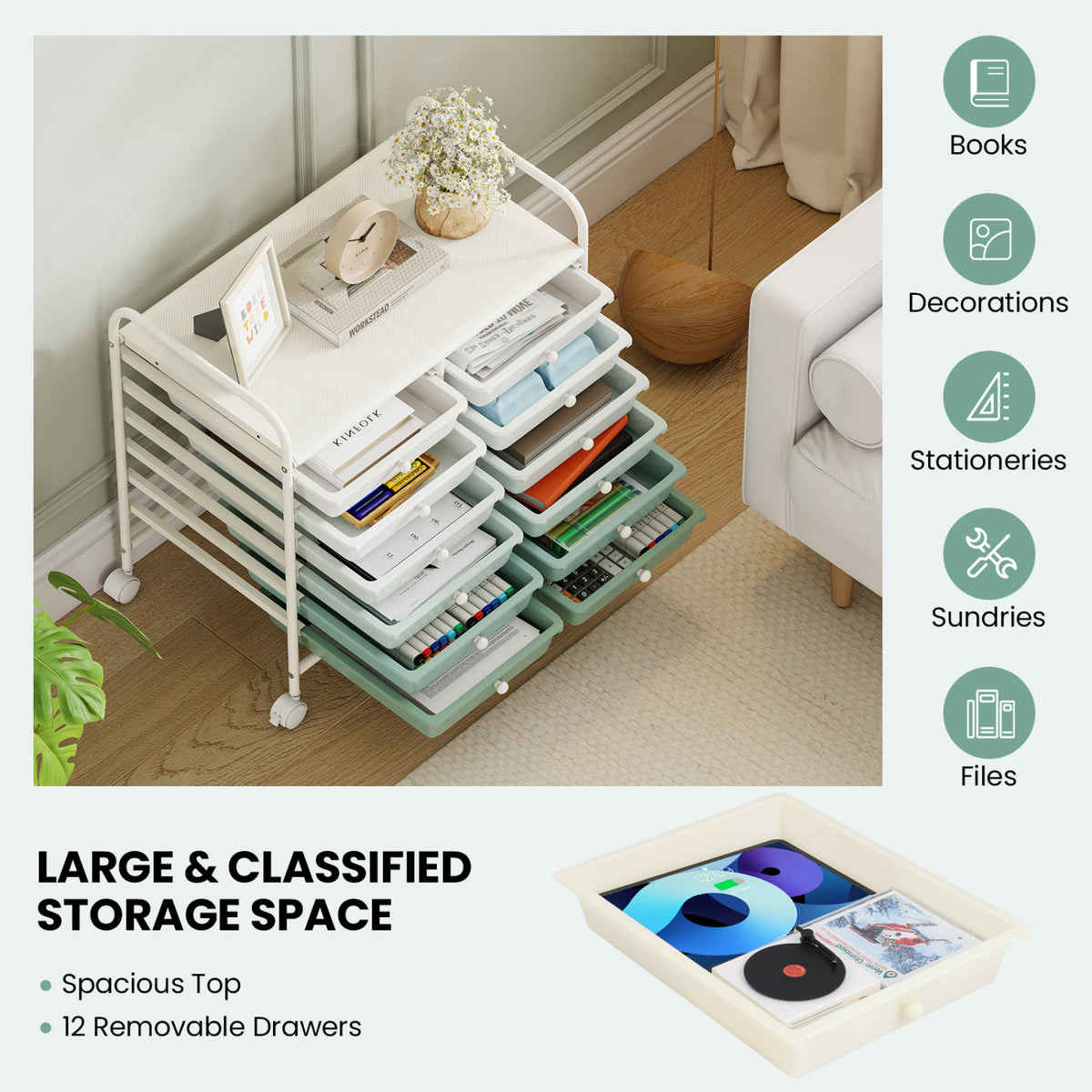 12-Drawer Rolling Storage Cart - Green Gradient