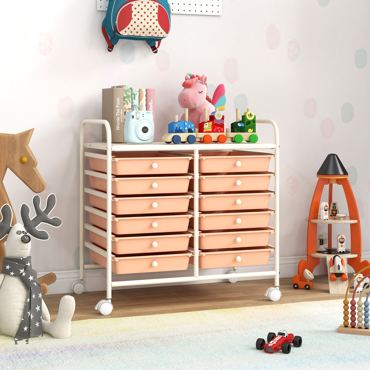 12-Drawer Rolling Storage Cart, Peach