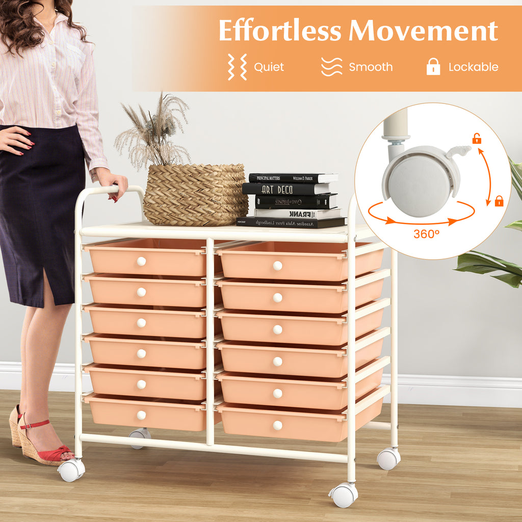 12-Drawer Rolling Storage Cart, Peach