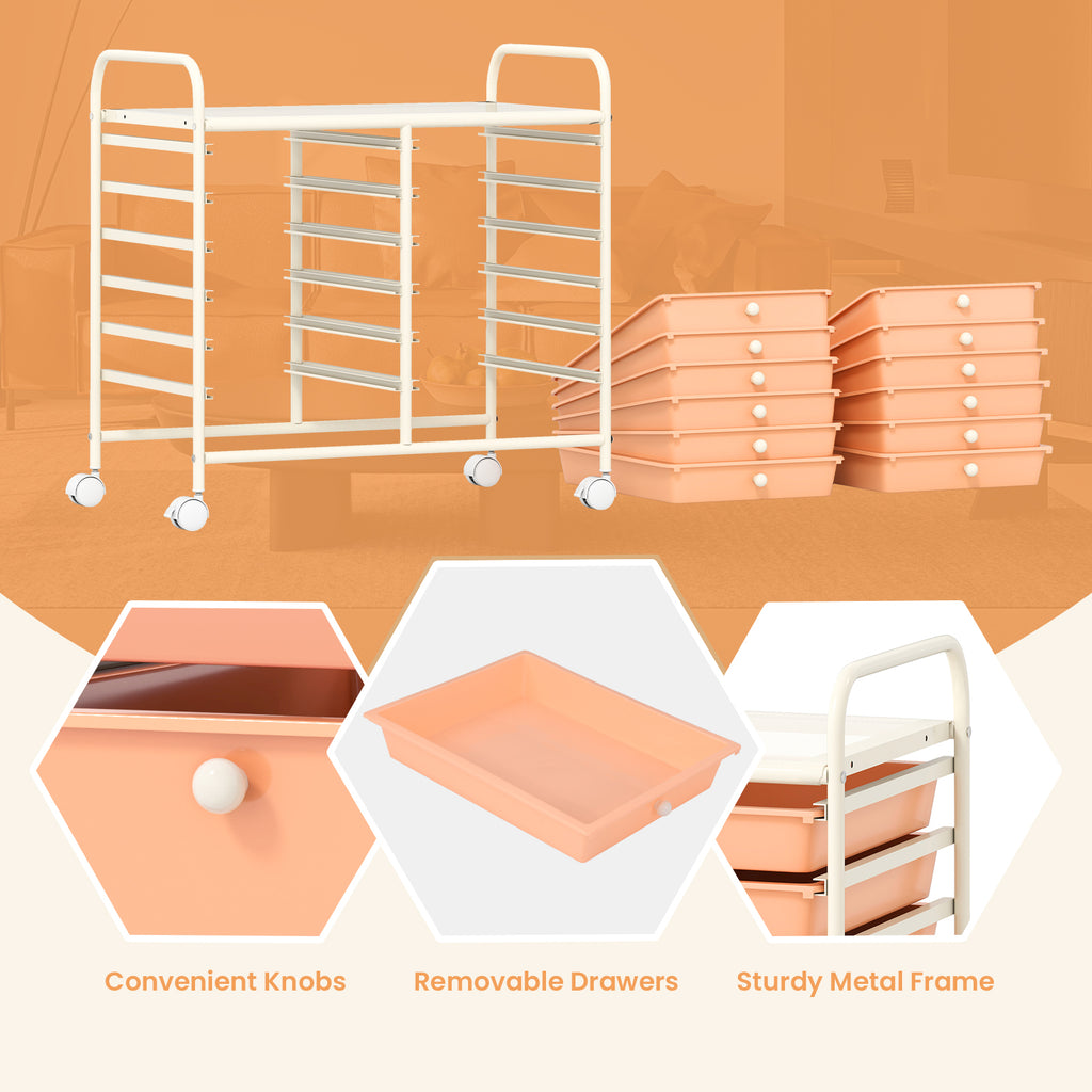 12-Drawer Rolling Storage Cart, Peach