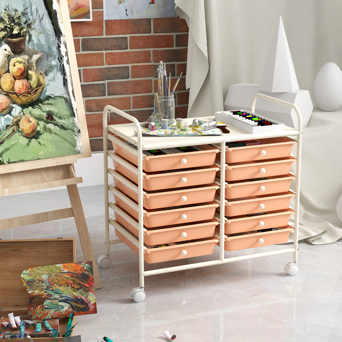 12-Drawer Rolling Storage Cart, Peach