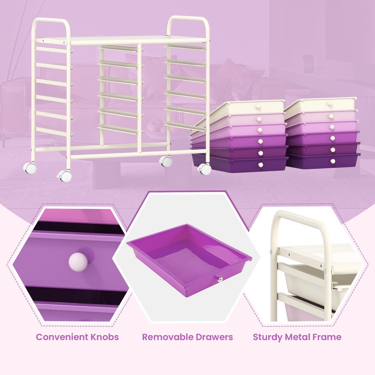 12-Drawer Rolling Storage Cart, Purple