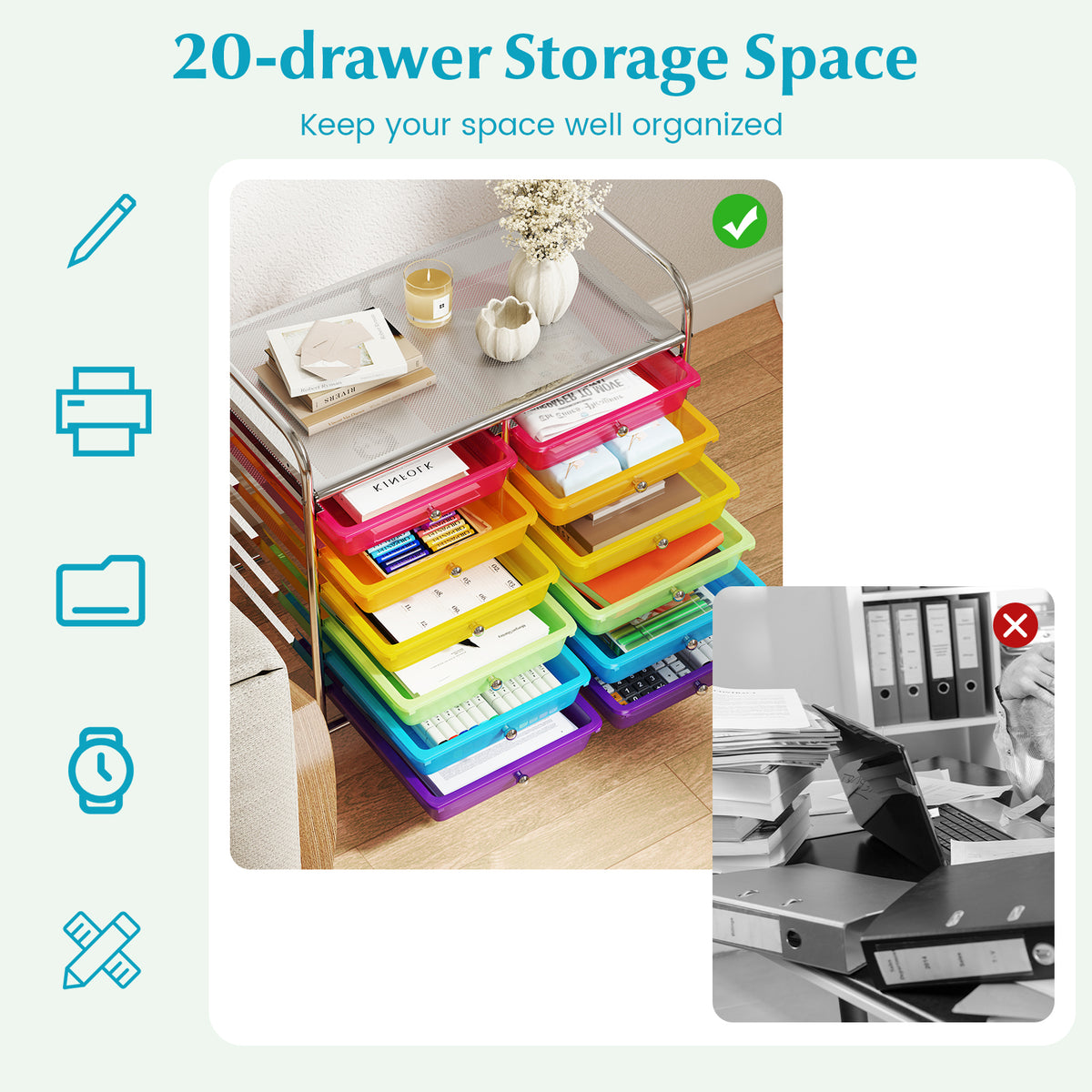 12-Drawer Rolling Storage Cart, Transparent Multicolor