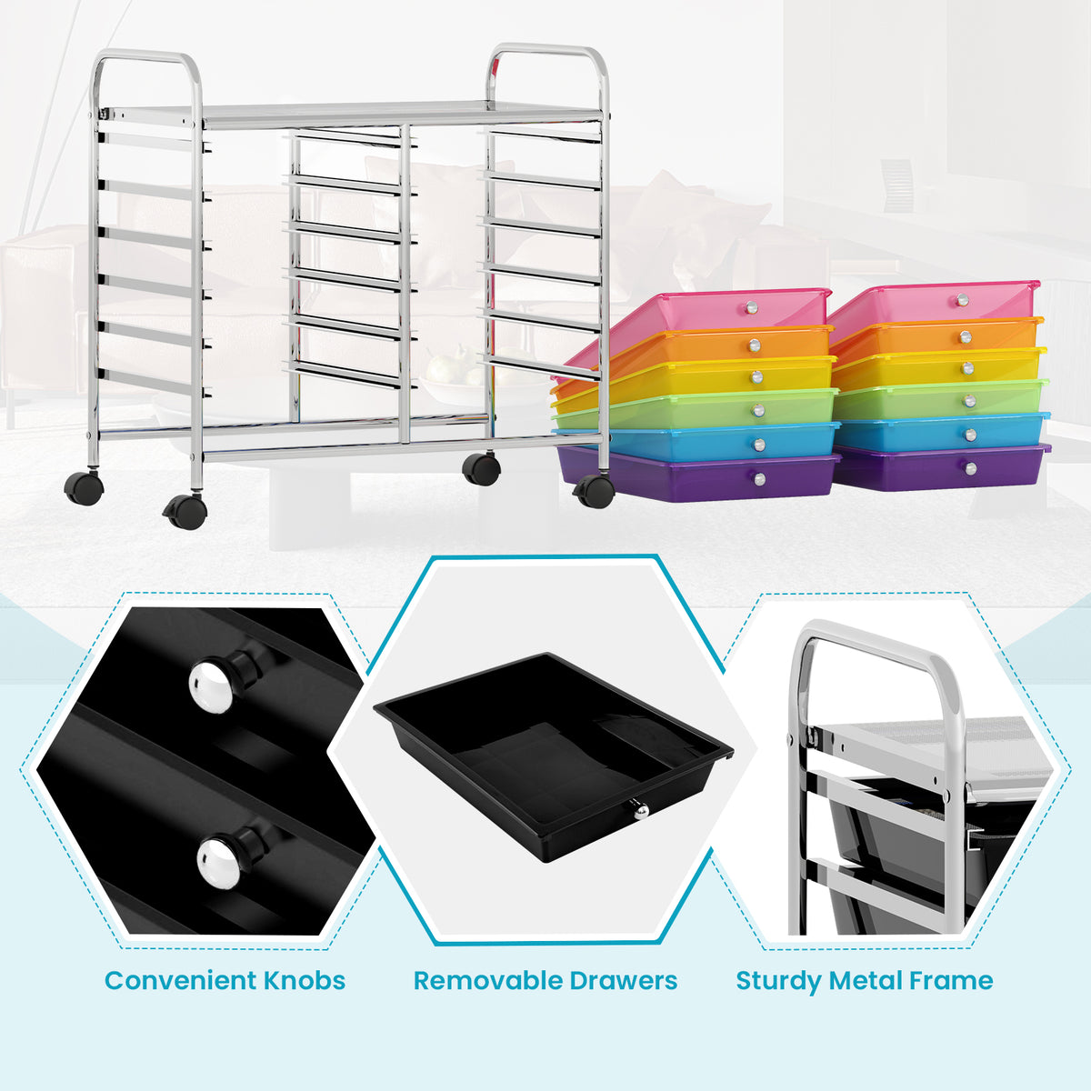 12-Drawer Rolling Storage Cart, Transparent Multicolor