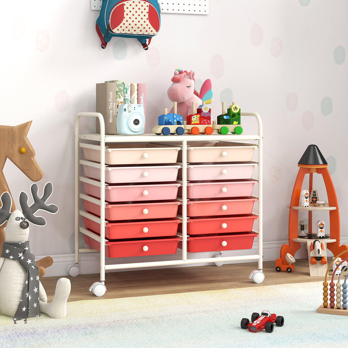 12-Drawer Rolling Storage Cart, Pink
