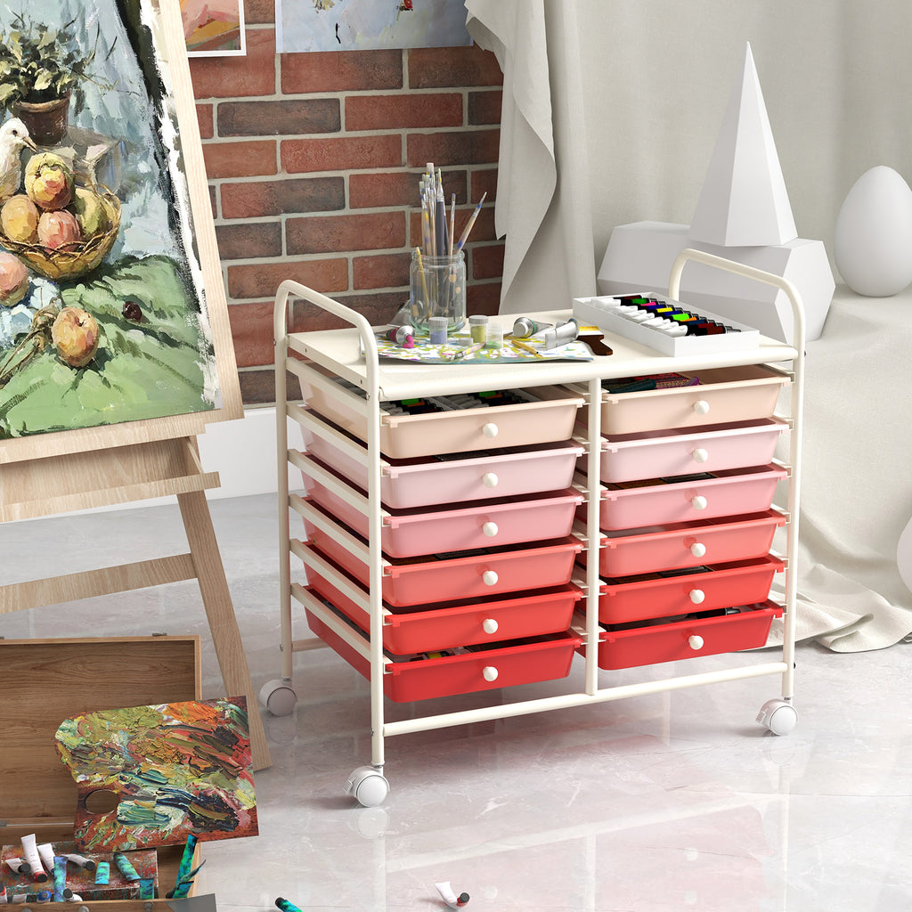 12-Drawer Rolling Storage Cart, Pink
