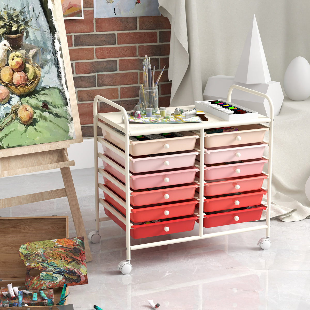 12-Drawer Rolling Storage Cart, Pink