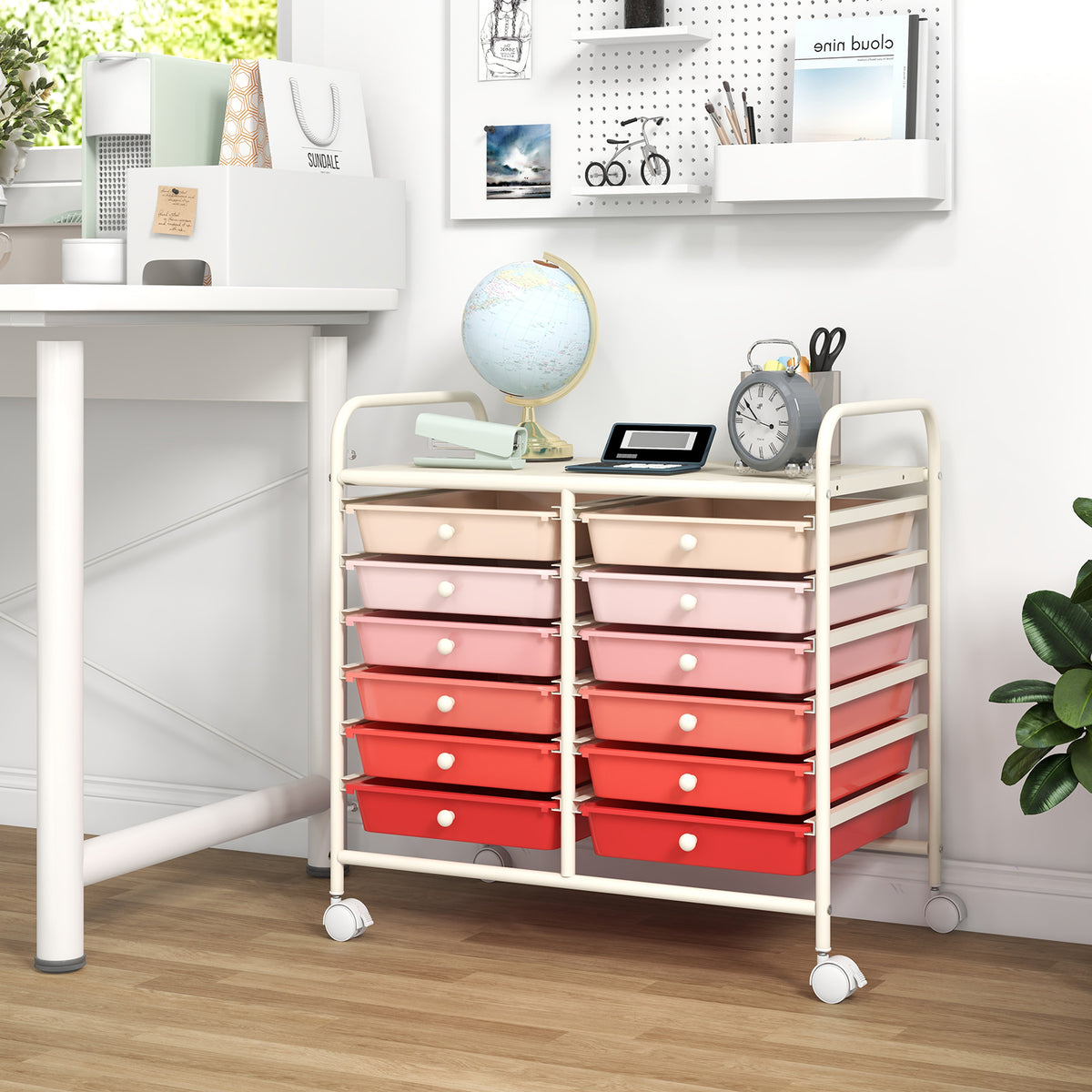 12-Drawer Rolling Storage Cart, Pink