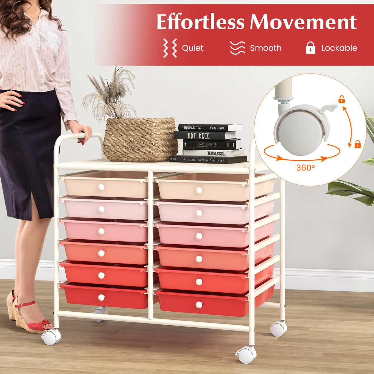 12-Drawer Rolling Storage Cart, Pink