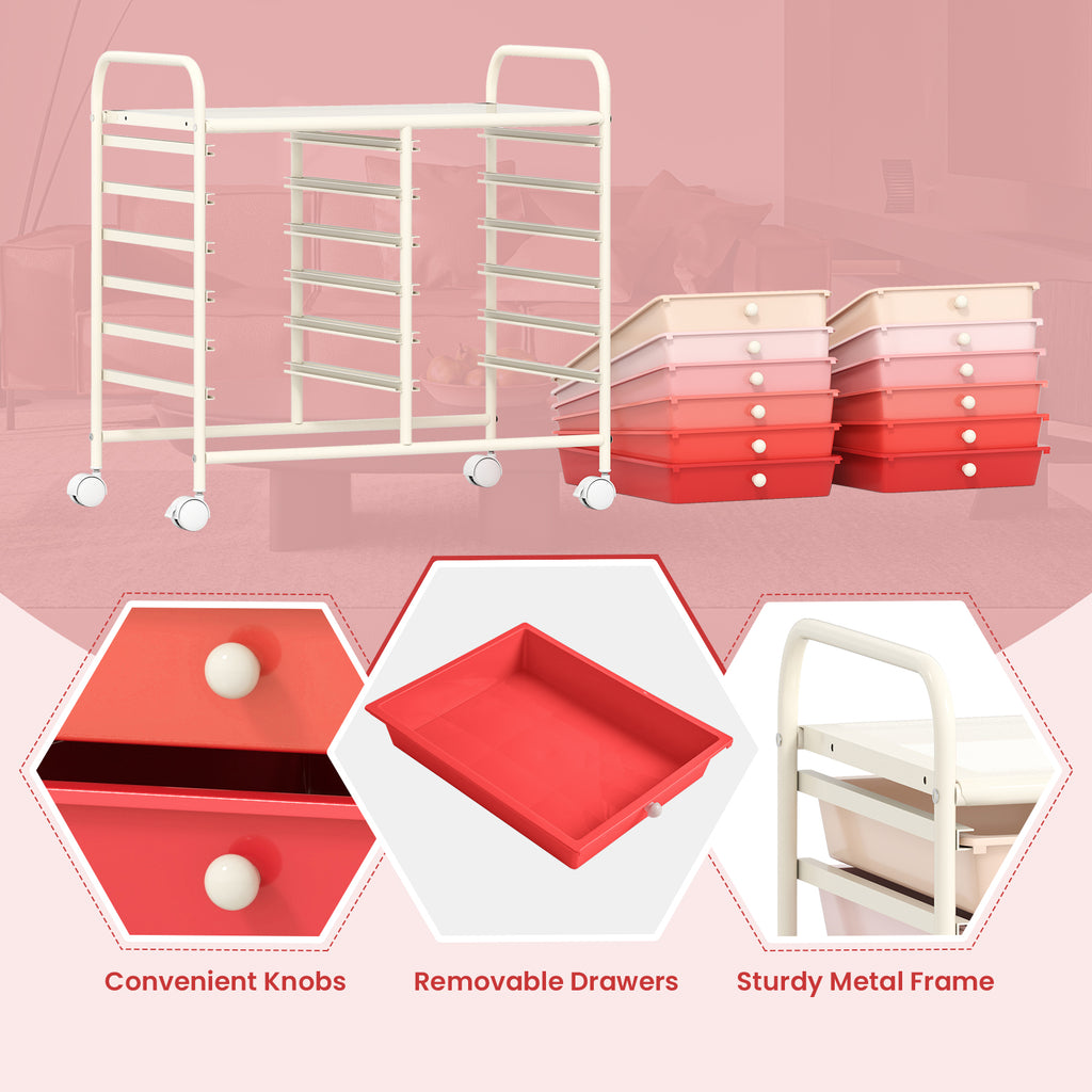 12-Drawer Rolling Storage Cart, Pink