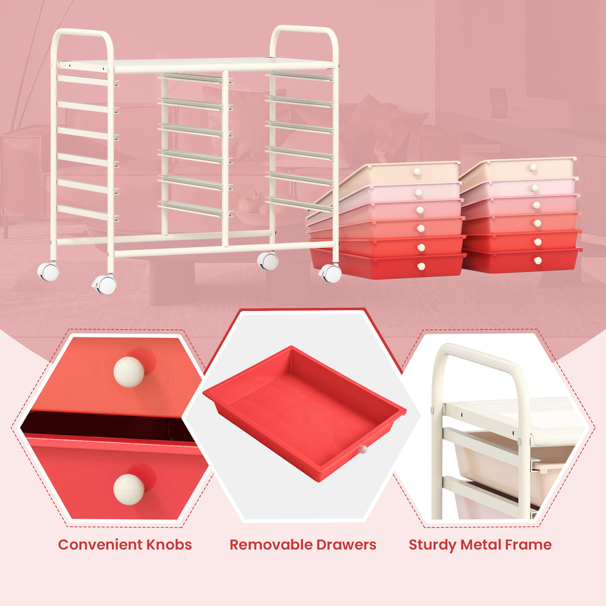 12-Drawer Rolling Storage Cart, Pink