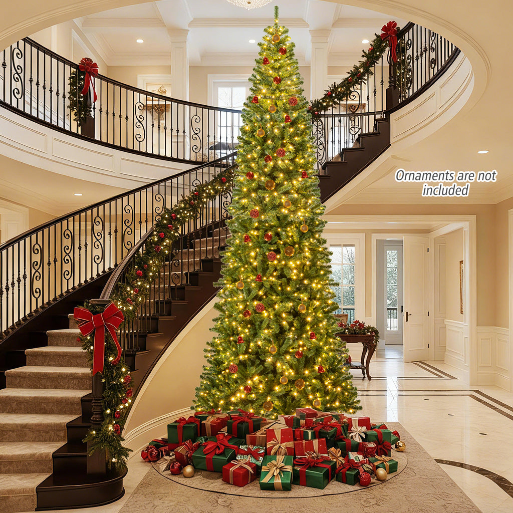 12 FT Tall Prelit Artificial Christmas Tree with 2536 PVC & PE Branch Tips - Hinged Design, Indoor & Outdoor Use