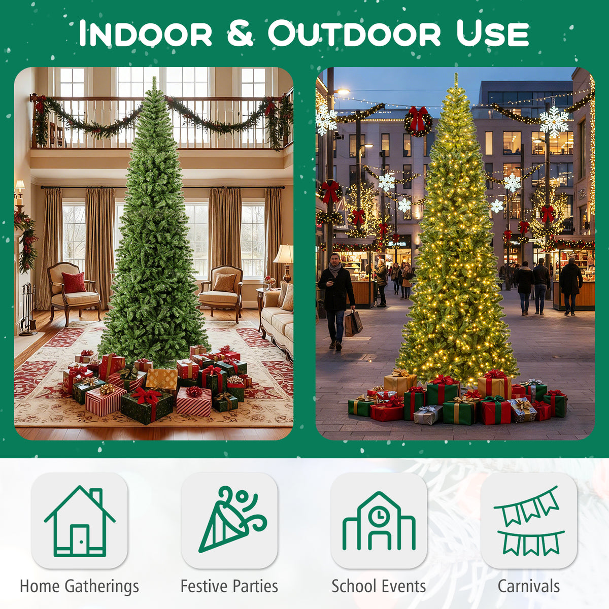 12 FT Tall Prelit Artificial Christmas Tree with 2536 PVC & PE Branch Tips - Hinged Design, Indoor & Outdoor Use