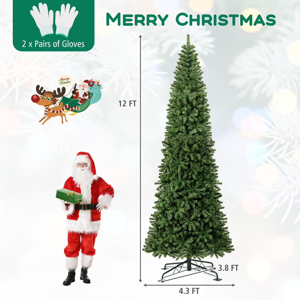 12 FT Tall Prelit Artificial Christmas Tree with 2536 PVC & PE Branch Tips - Hinged Design, Indoor & Outdoor Use