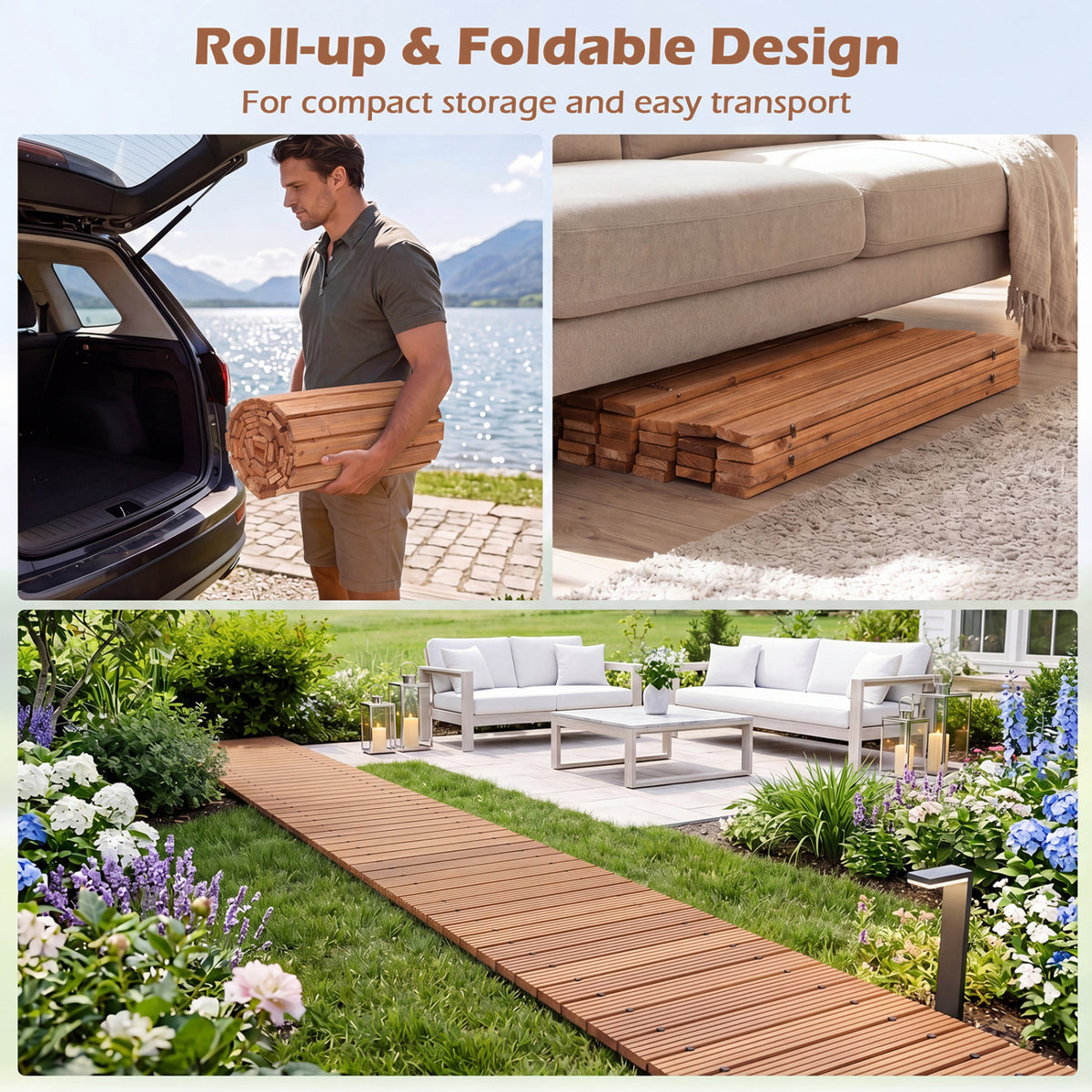 12 Ft Wooden Garden Pathway Roll-Out Walkway - Natural Finish, 22 Inches Wide