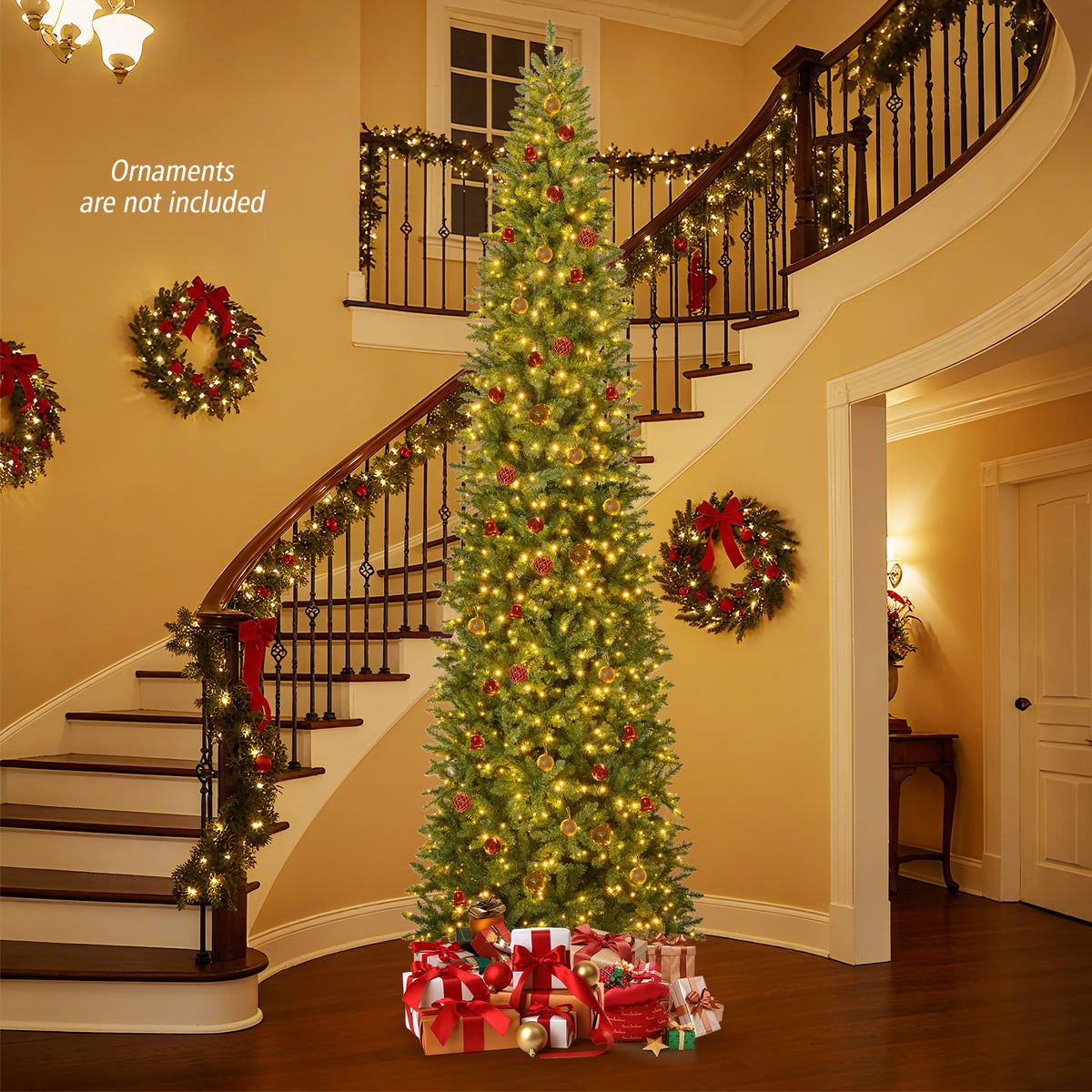 12 Feet Tall Pre-Lit Artificial Christmas Tree Outdoor Indoor Slim Pencil Tree with Lights - Variation of 12 Feet