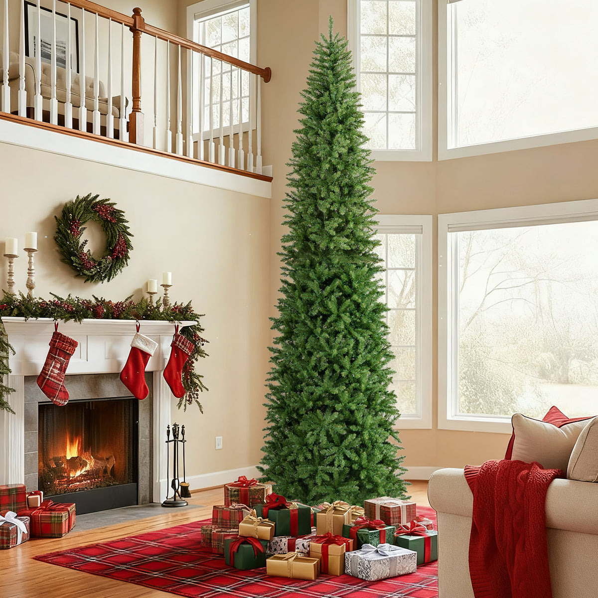 12 Feet Tall Pre-Lit Artificial Christmas Tree Outdoor Indoor Slim Pencil Tree with Lights - Variation of 12 Feet