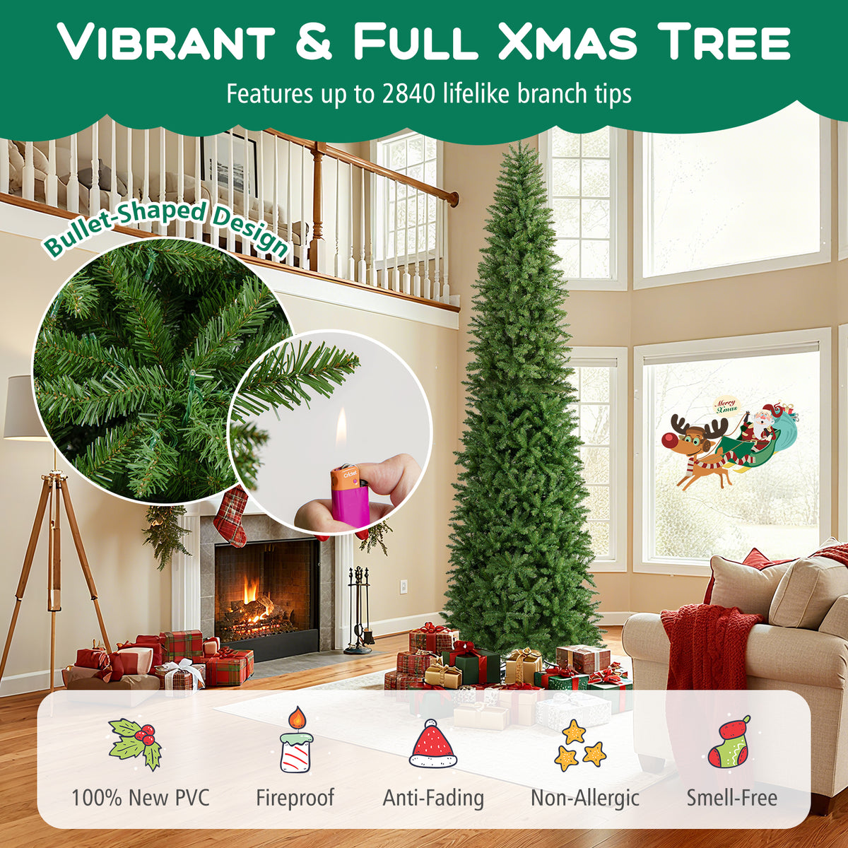 12 Feet Tall Pre-Lit Artificial Christmas Tree Outdoor Indoor Slim Pencil Tree with Lights - Variation of 12 Feet