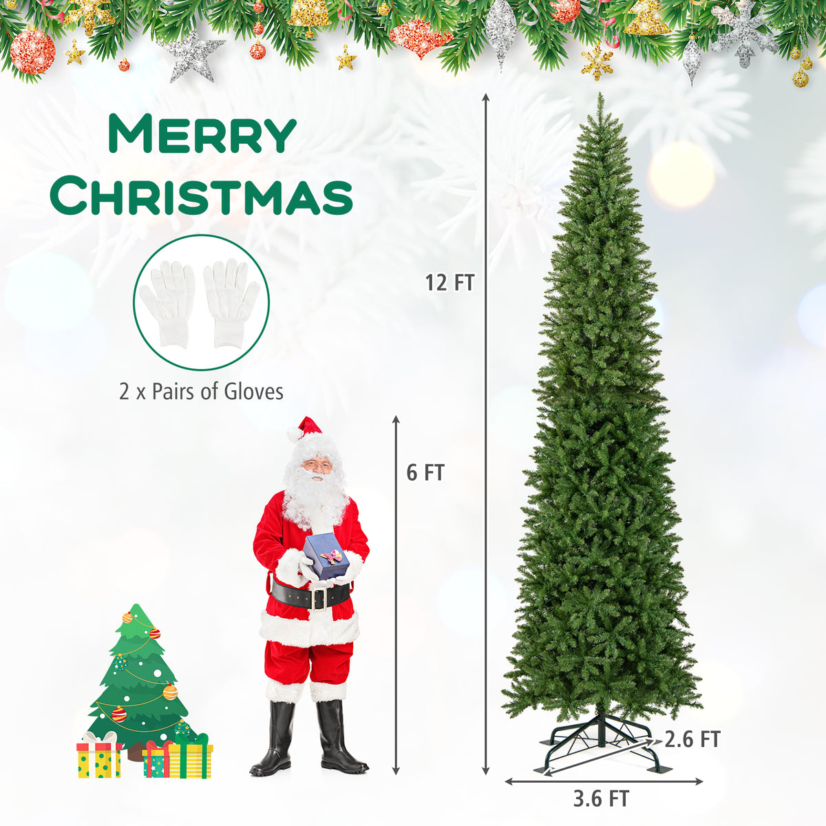 12 Feet Tall Pre-Lit Artificial Christmas Tree Outdoor Indoor Slim Pencil Tree with Lights - Variation of 12 Feet