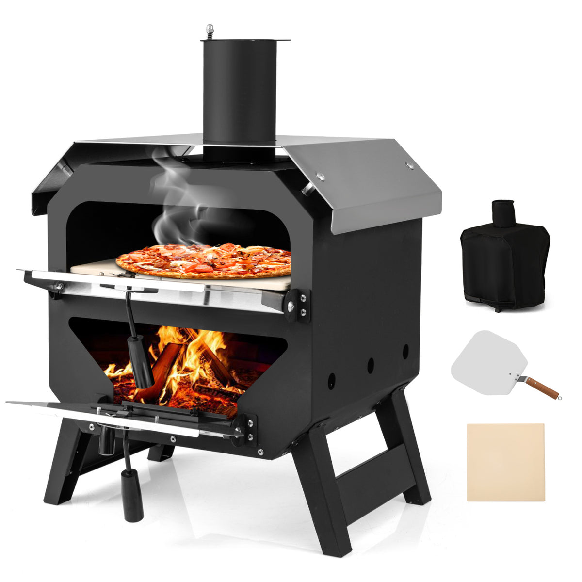 Outdoor 16 Inch 2-Layer Wood Fired Pizza Oven with Square Stone