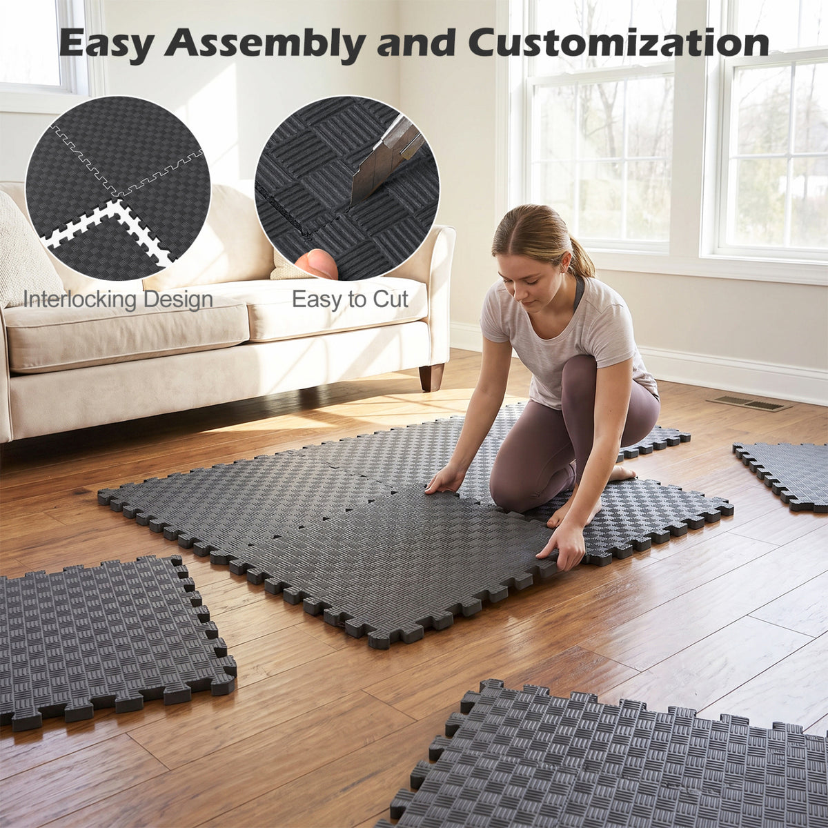 Black 12-Pack Puzzle Exercise Mat Set - Interlocking EVA Foam Floor Tiles