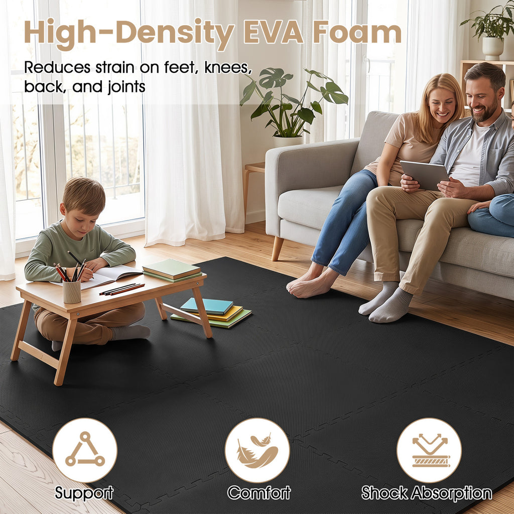 Black 12 Pack Non-Slip Interlocking EVA Foam Floor Tiles - Home Gym & Garage