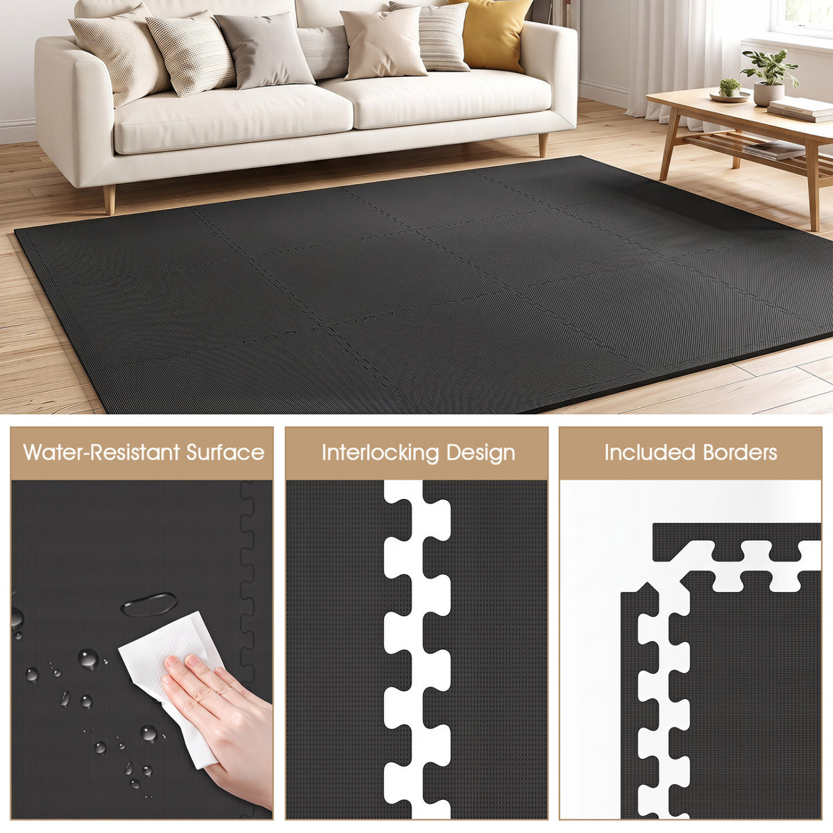 Black 12 Pack Non-Slip Interlocking EVA Foam Floor Tiles - Home Gym & Garage