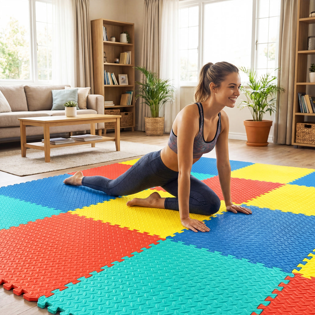 Multicolor Interlocking EVA Foam Exercise Mats - 12 Pieces Floor Tiles with Anti-Slip Surface