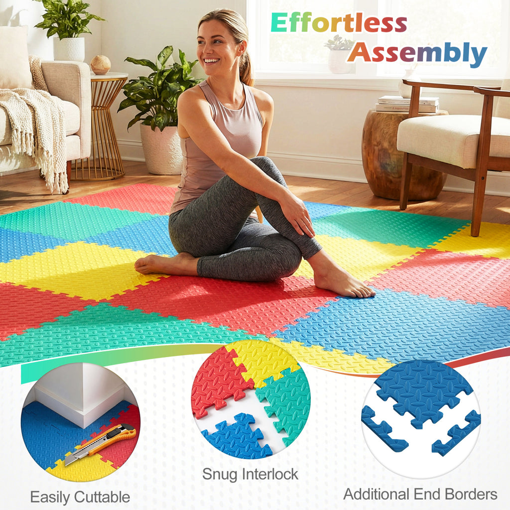Multicolor Interlocking EVA Foam Exercise Mats - 12 Pieces Floor Tiles with Anti-Slip Surface