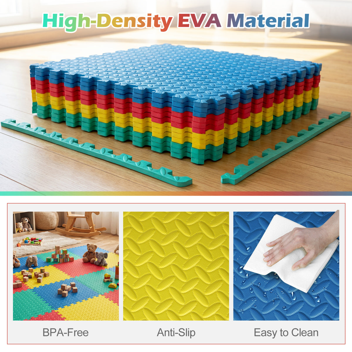 Multicolor Interlocking EVA Foam Exercise Mats - 12 Pieces Floor Tiles with Anti-Slip Surface