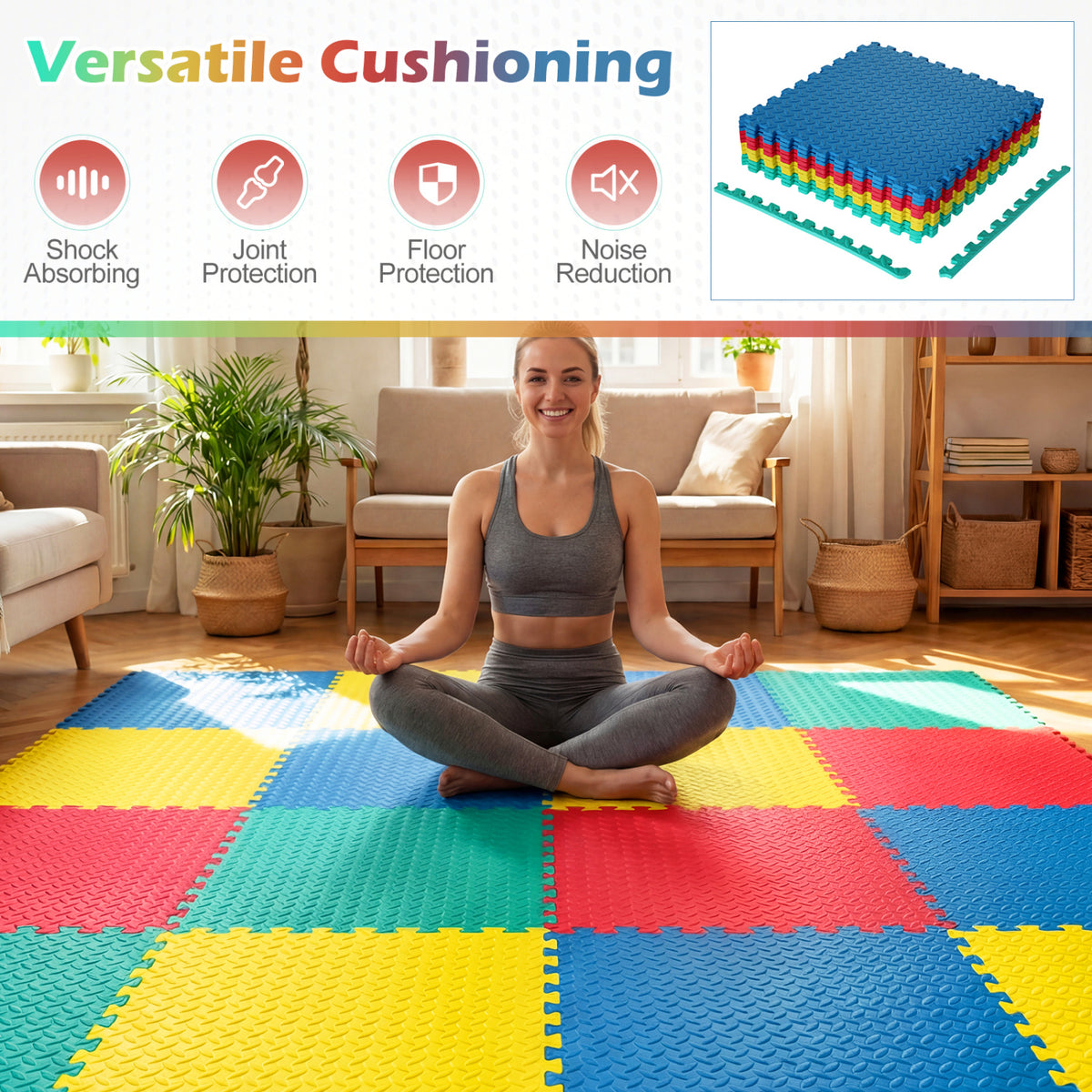 Multicolor Interlocking EVA Foam Exercise Mats - 12 Pieces Floor Tiles with Anti-Slip Surface