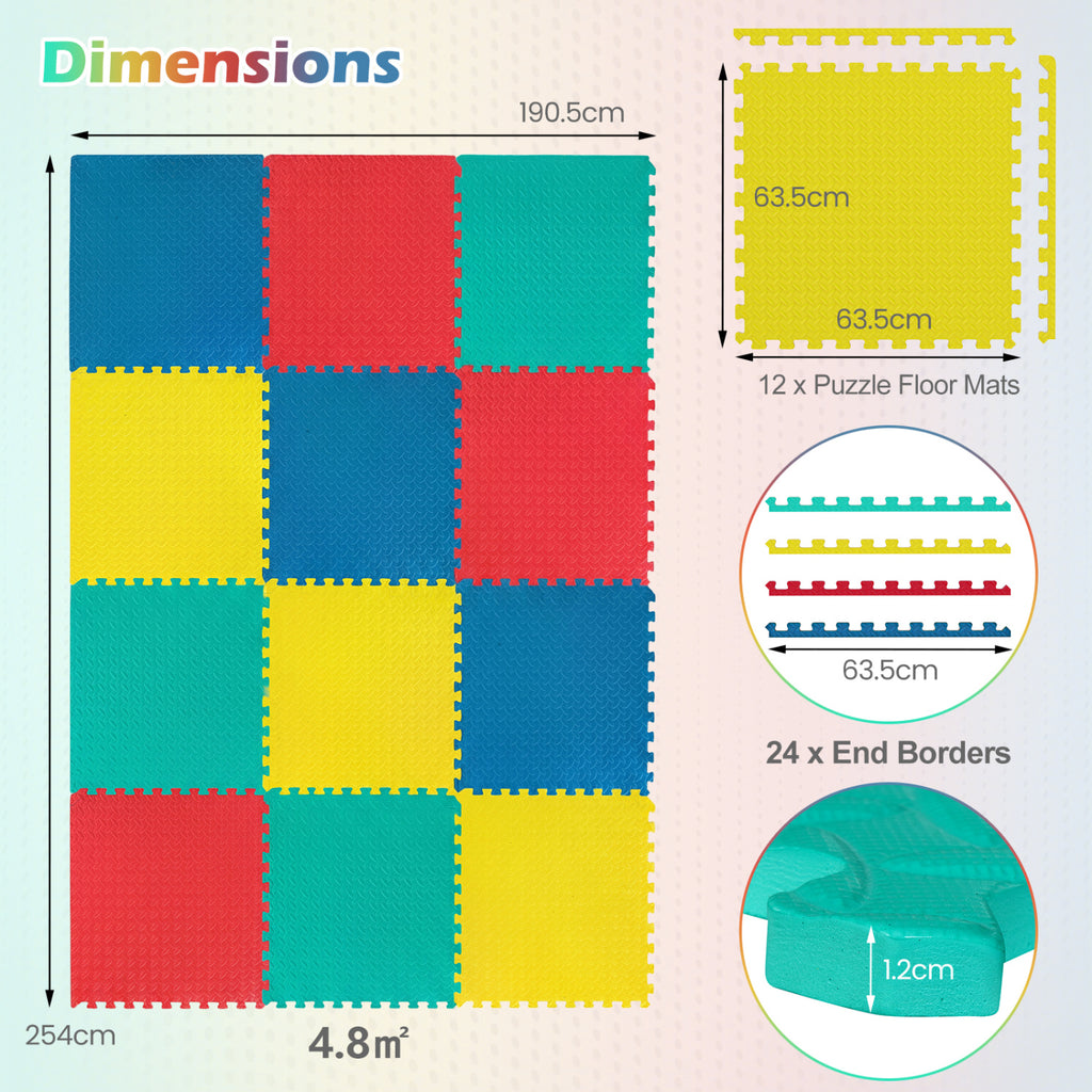Multicolor Interlocking EVA Foam Exercise Mats - 12 Pieces Floor Tiles with Anti-Slip Surface