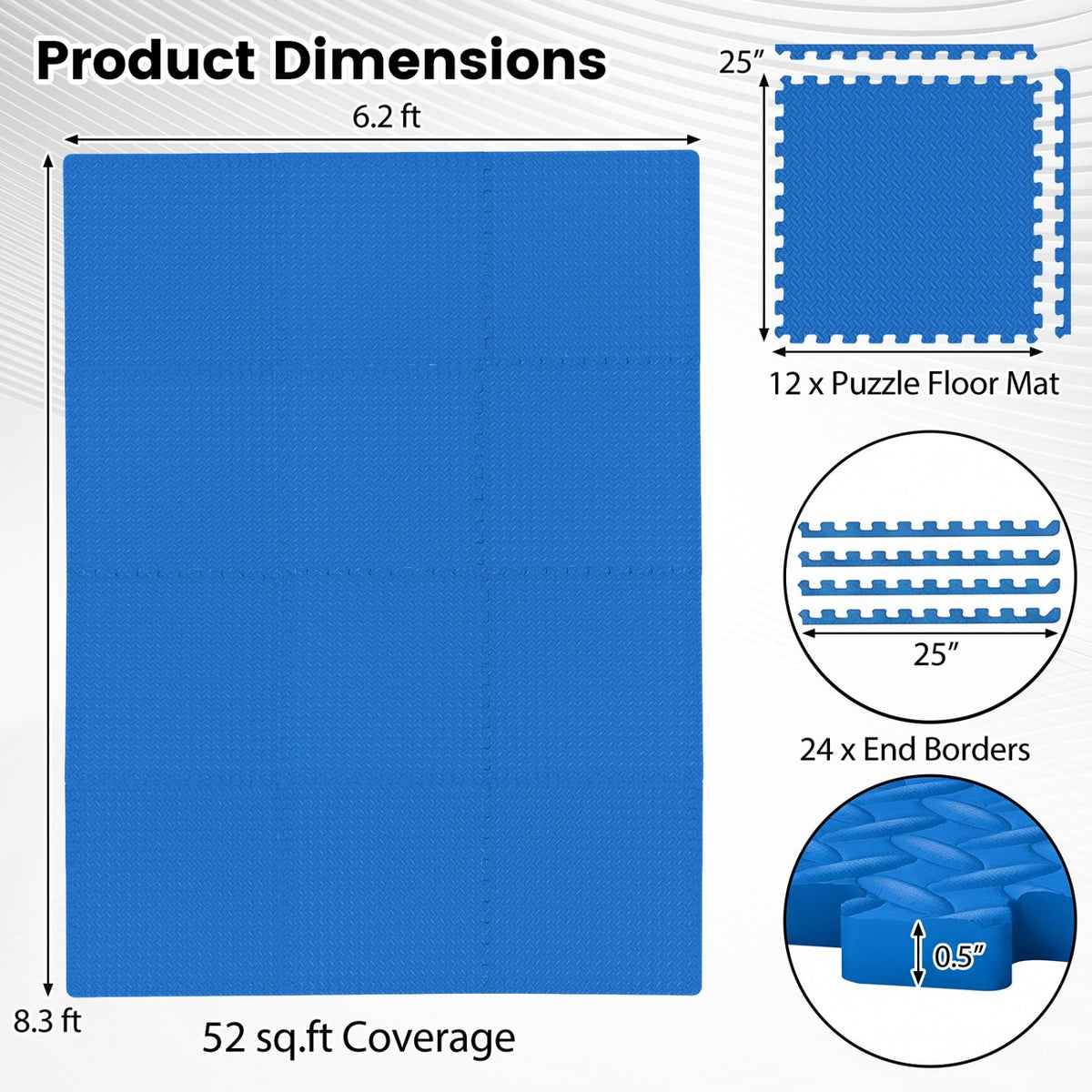 12 Tiles Puzzle Exercise Floor Mats - Blue Interlocking EVA Workout Tiles