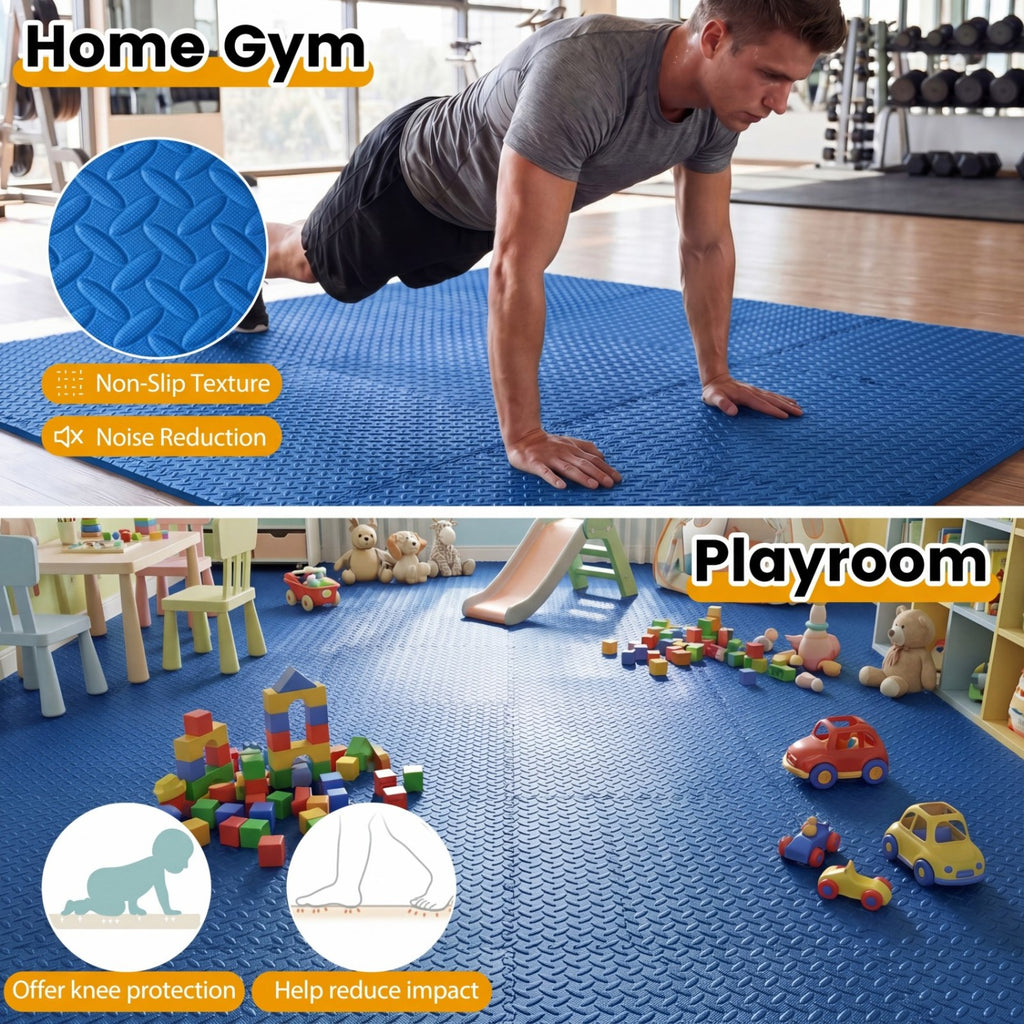 12 Tiles Puzzle Exercise Floor Mats - Blue Interlocking EVA Workout Tiles