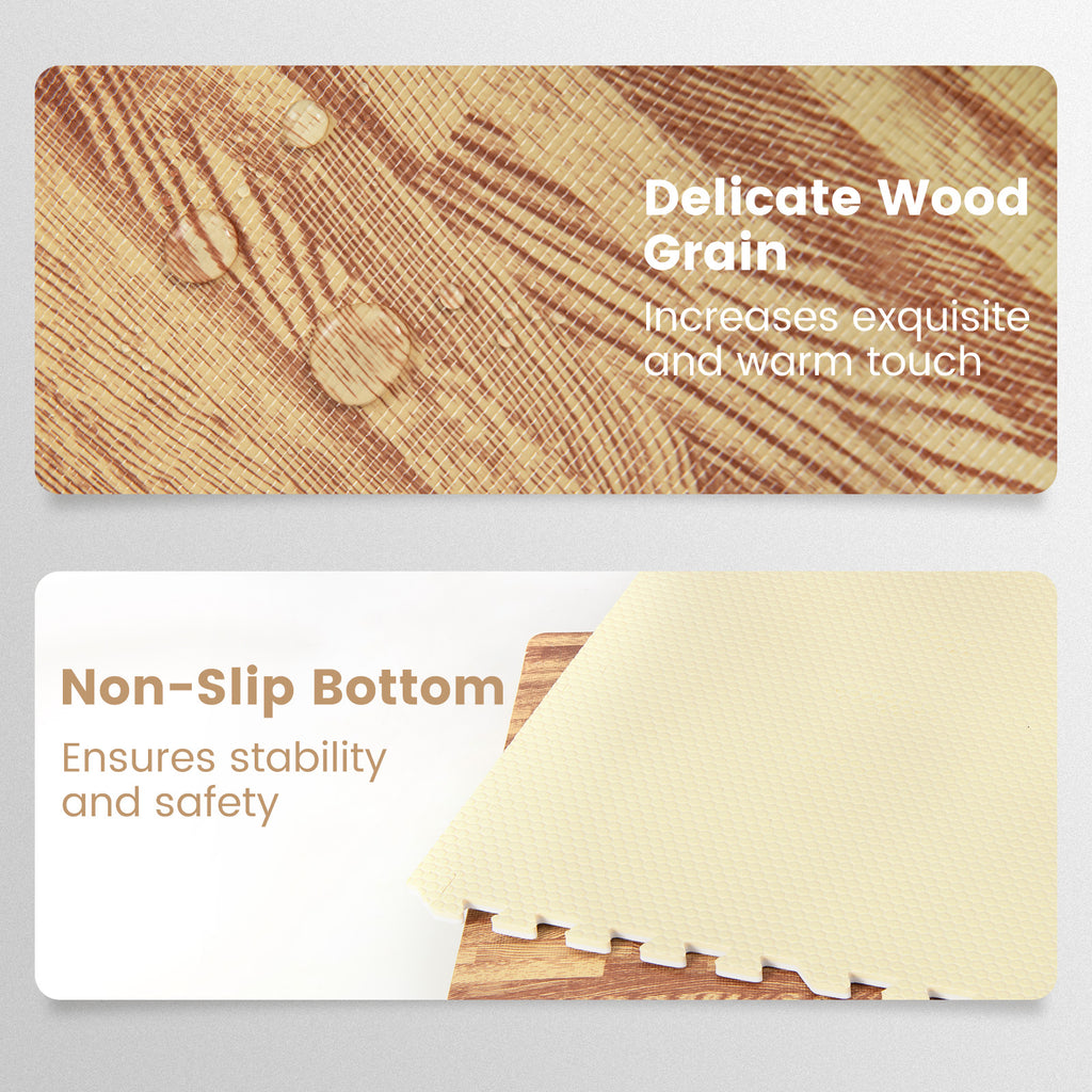 Wood Grain Interlocking Foam Floor Tiles with Borders - 12 Pack