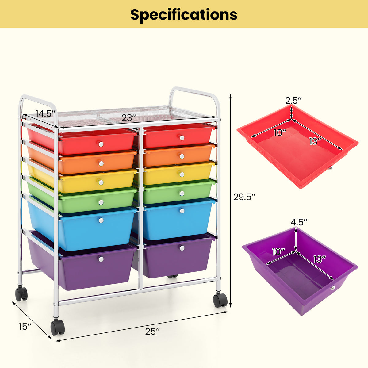 12-Drawer Rolling Storage Cart, Multicolor