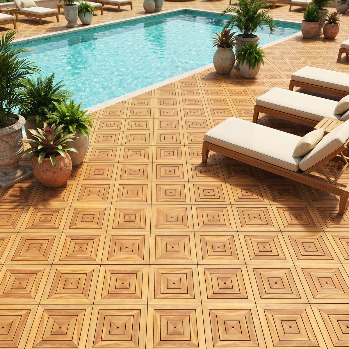 Acacia Wood Interlocking Deck Tiles - Waterproof, 12x12 Inch, 24 Pieces, Natural, Diagonal Style