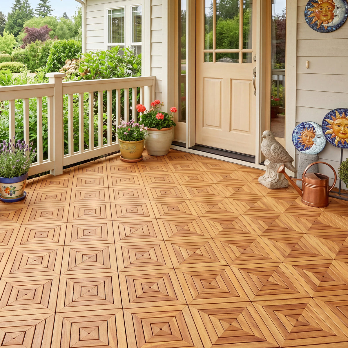 Acacia Wood Interlocking Deck Tiles - Waterproof, 12x12 Inch, 24 Pieces, Natural, Diagonal Style